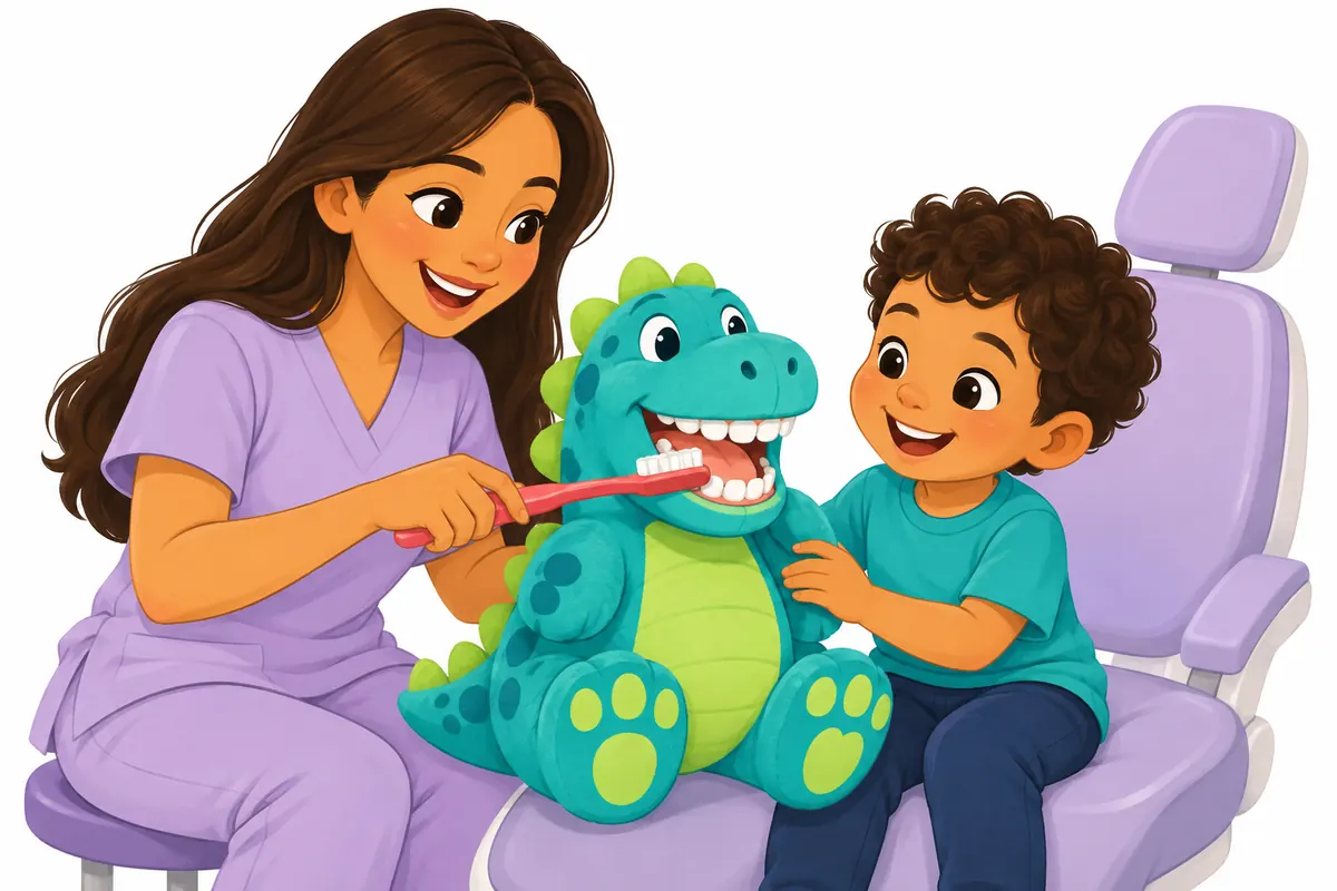 El peque descubre el cepillado con la doctora y un muñeco de dinosaurio